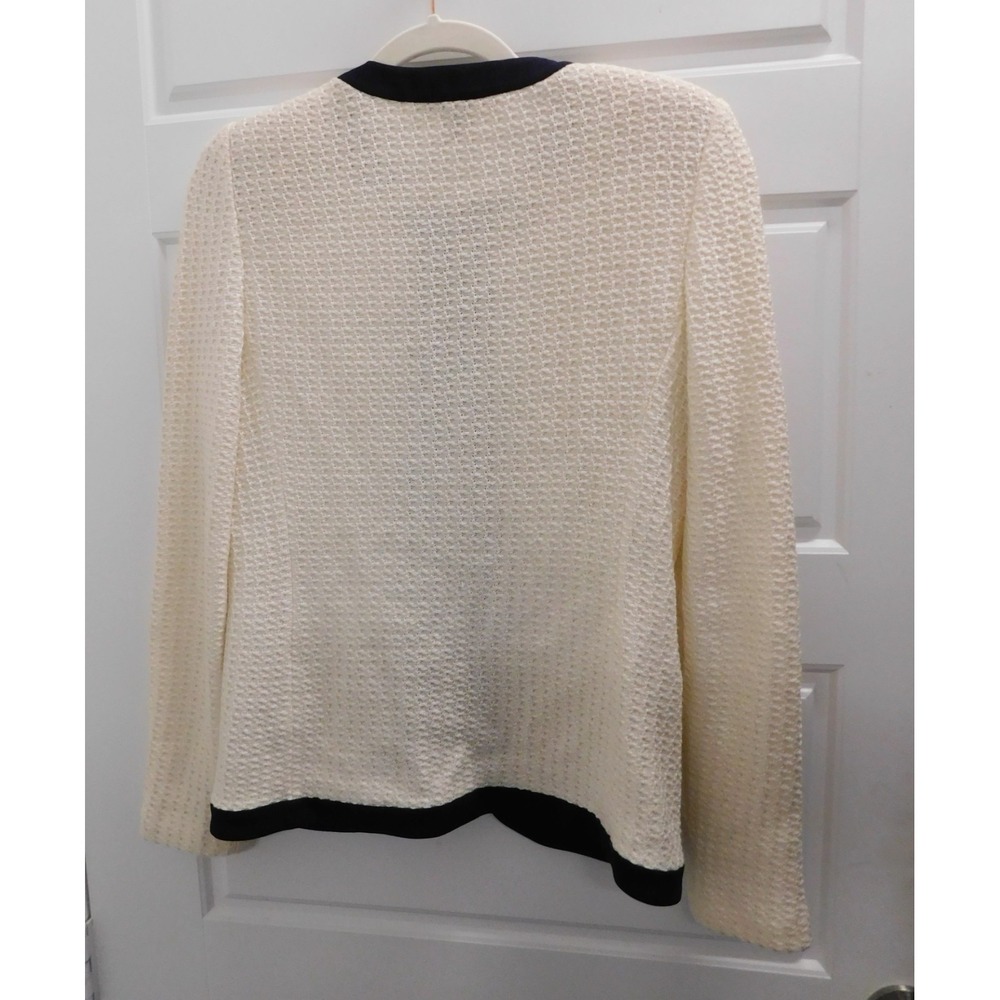 St. John Waffle Knit Jacket Ivory Textured Black Trim Sweater Blazer 2 - Picture 3 of 5